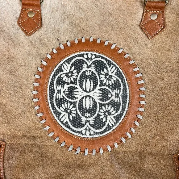 Myra Bag Brown Cow Hide Leather Turquoise Boho Western Large Crossbody Tote - Picture 2 of 14